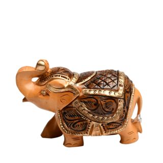 Hand Crafted Wooden Carving Elephant with Gold Border 3inch