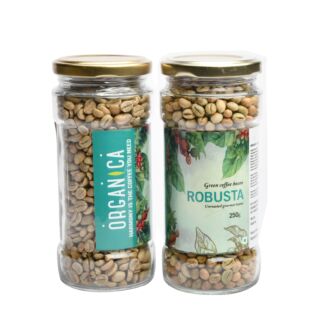 Organica Organic Green Coffee beans Robusta 250gm Glass Jar Unroasted gourmet beans