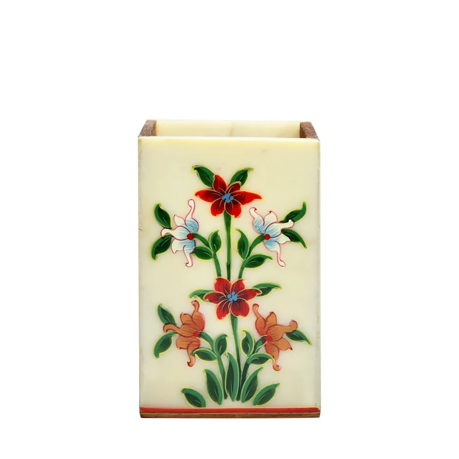 Hand Painted Wood Stone Pen Stand